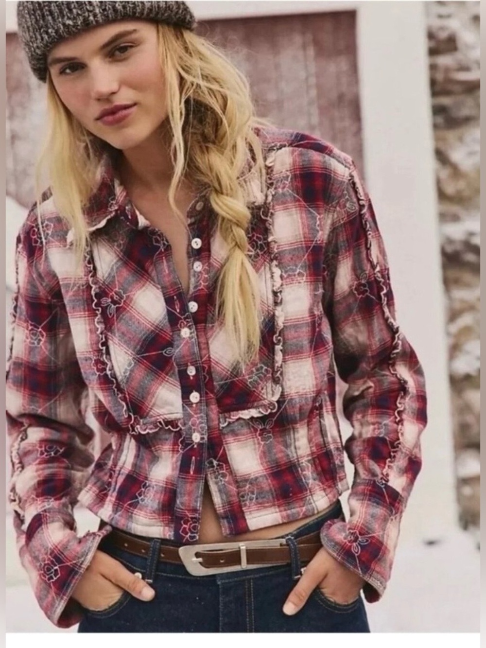 New Free People Georgia Plaid Embroidered Button Down Shirt- Red Combo